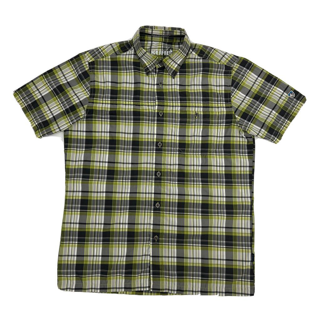 Kuhl Shirt Mens M Gray White Green Plaid Short Sleeve Button Up‎ Pocket Outdoors